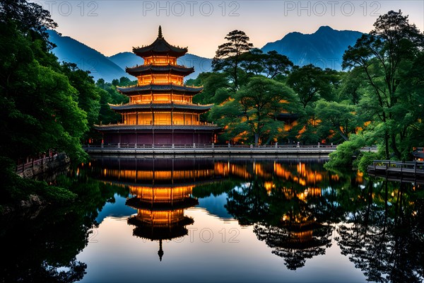 Shaolin temple mirrored perfectly in undisturbed waters, AI generated