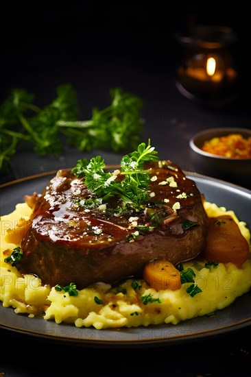Veal shanks slow cooked osso buco style garnished with gremolata alongside creamy saffron risotto, AI generated