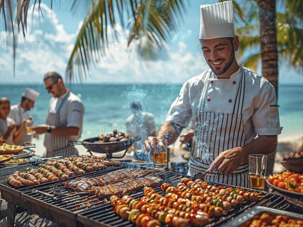 Barbecue party, guests with glasses in their hands stand around a chef who is grilling sausages and steaks, AI generated