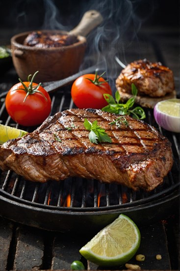 A well-seasoned steak with grill marks served with lime and tomato, AI generated