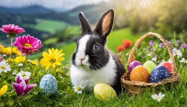 Ai generated, An Easter basket with coloured eggs in a meadow with colourful flowers, in the basket a black and white dwarf rabbit, symbolic image Easter, animal children