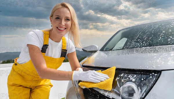 AI generated, A blonde woman washes a car by hand, silver sports car