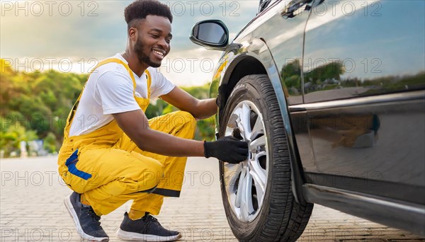 AI generated, A mechanic changes the tyres on a customer's car, Tyre fitting