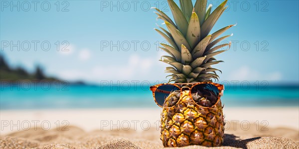 Funny pineapple fruit with cool sunglasses at beach with ocean in blurry background. KI generiert, generiert AI generated