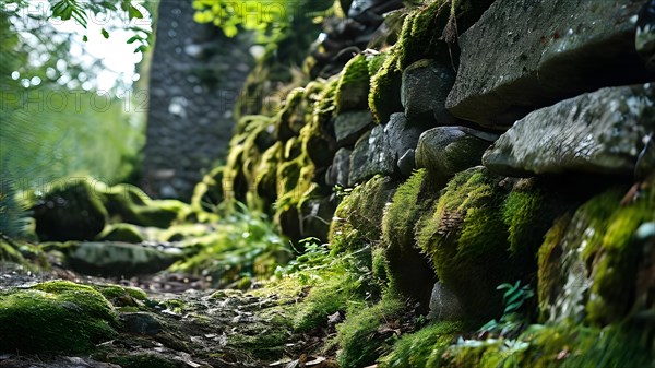 Ancient city wall weathered stones embraced by moss testament to resilience endurance through time, AI generated