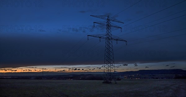 Sunset with power line, Franconia, Bavaria, Germany, Europe