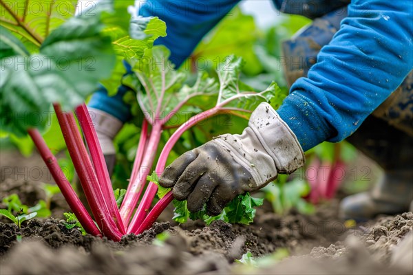 Worker harvesting ripe rhubarb vegetables in agricultural field. KI generiert, generiert AI generated