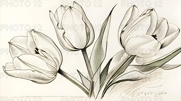 Tulip bouquet hand drawn emphasis on elegant form detailed linework, AI generated