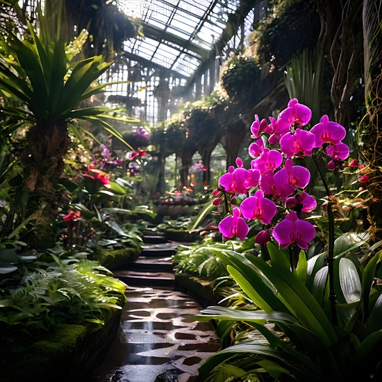 Orchid conservatory path winding enticingly amongst diverse floral species, AI generated