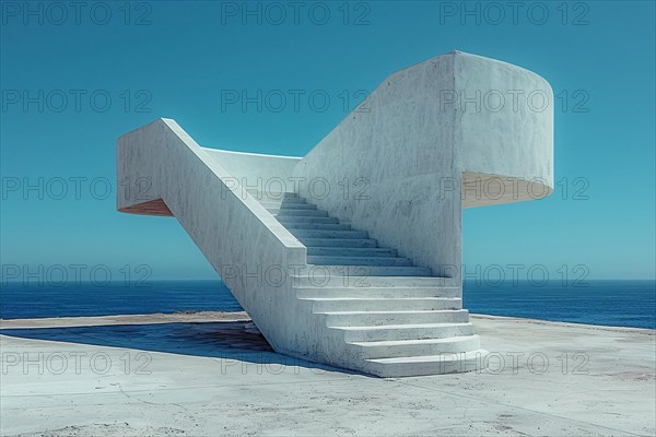 Concrete staircase with abstract shape by the ocean under a clear blue sky, AI generated