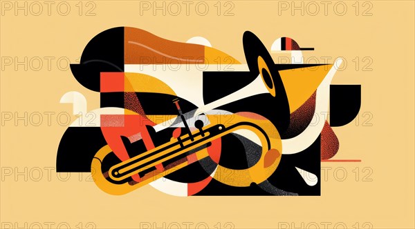 Simplified and modern abstract design of a trumpet with beige and black shapes, ai generated, AI generated