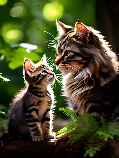 Mother wild cat grooming her playful kitten, AI generated