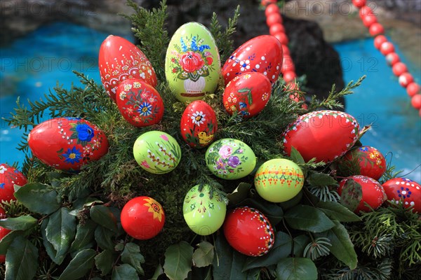 Detail of an Easter fountain in Franconian Switzerland, Bamberg district, Upper Franconia, Germany, many colourful blown-out and dyed eggs as decoration, Easter custom, Europe