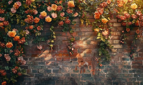 Warm sunlight illuminates a brick wall entwined with orange roses and green vines AI generated