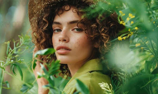 An engaging close-up of a woman in a green hat, surrounded by vibrant green foliage AI generated