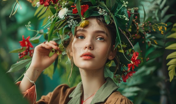 A girl with a dreamy gaze wearing a floral wreath, surrounded by nature AI generated