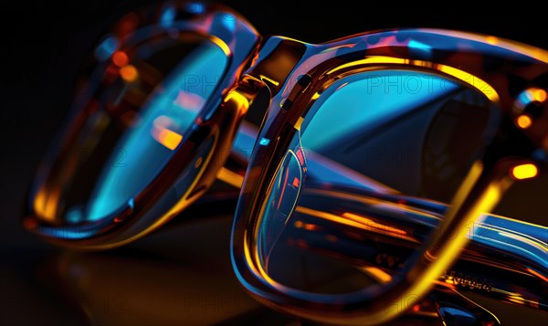 Close-up of modern eyeglasses with a blue reflective tint against a dark background AI generated