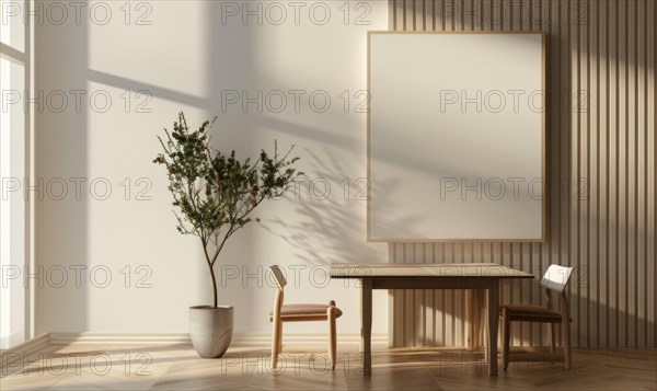 Bright minimalist interior with sunlight, wooden paneling, and an empty picture frame AI generated