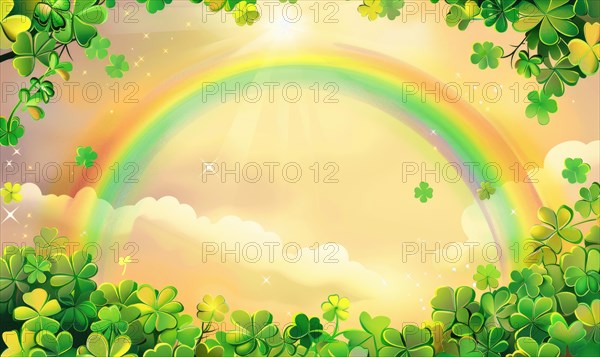 Cheerful illustrated scene with clovers, a vibrant rainbow, sparkling effects, and fluffy clouds AI generated