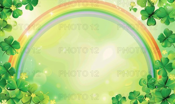 A soft pastel background with a rainbow, shamrocks, and magical light effects AI generated