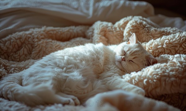 A fluffy white cat peacefully sleeps in a comfortable bed AI generated