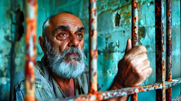 An elderly man with a grey beard and short hair stands in a prison cell and looks through the bars with sad eyes, AI generated, AI generated
