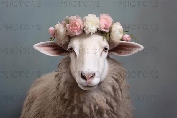 Sheep with flowers on head in front of gray blue studio background. KI generiert, generiert AI generated