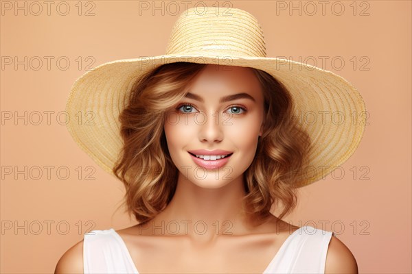 Portrait of young woman with summer straw hat in front of beige studio background. KI generiert, generiert AI generated