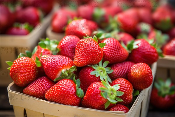 Baskets with fresh strawberry fruits at farmer's market. KI generiert, generiert AI generated