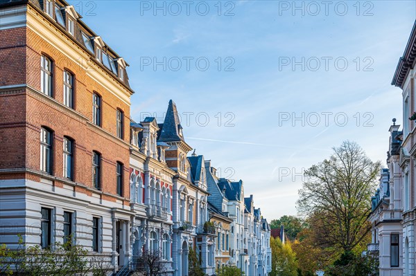 Terraced houses with historic architecture on a sunny autumn day, Wilhelminian style, Briller Viertel, Elberfeld, Wuppertal, North Rhine-Westphalia