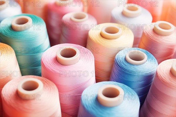 Close up of many different colorful sewing thread spools. KI generiert, generiert AI generated