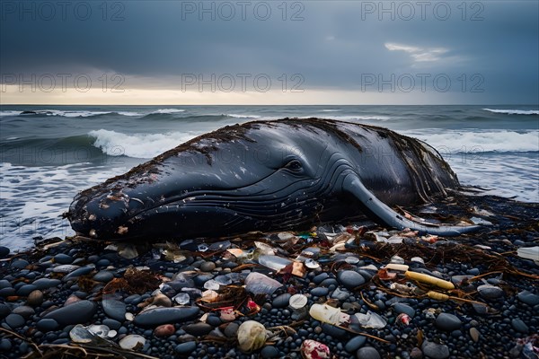 Whale washed ashore belly teeming with plastic detritus marine mammal plight accentuated, AI generated