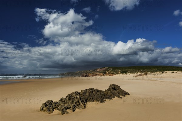 Algarve beach, wide, nobody, clear, blue sky, cloud, summer holiday, beach holiday, sea, ocean, Atlantic, Atlantic Ocean, sandy beach, coast, Atlantic coast, national park, geography, climate, travel, neutral, empty, sun, nature, natural landscape, beach landscape, surfer beach, Aljezur, Carrapateira, Sagres, Portugal, Europe