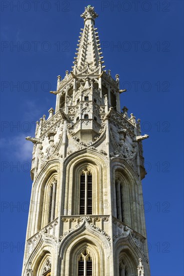 Matthias Church spire in Fisherman's Bastion, Trinity Square, city trip, church, attraction, building, history, renovation, renovated, monument, religion, city centre, tourism, Eastern Europe, capital city, Budapest, Hungary, Europe