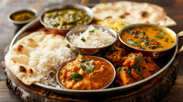 A thali with creamy curries, naan, and rice garnished with cilantro on a rustic table, ai generated, AI generated