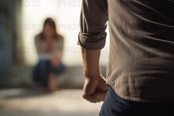 Back view of man's klenched fist and blurry woman in background. Concept for domestic violence. KI generiert, generiert AI generated