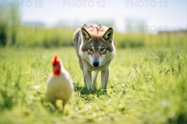 Wild wolf hunting chicken. KI generiert, generiert AI generated
