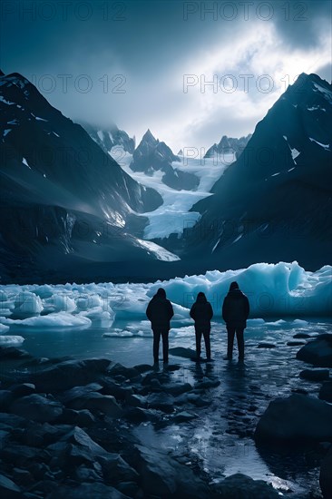 Glaciers melting under the heat of global warming tourists clad in heavy coats observe somberly, AI generated