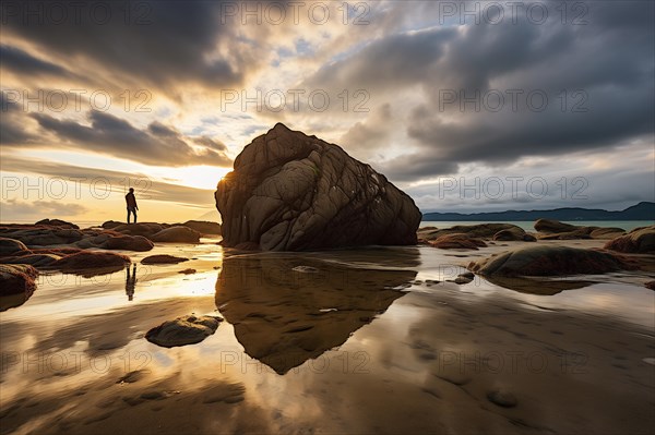 Silhouette of a person on a rocky beach at an atmospheric sunset, AI generated