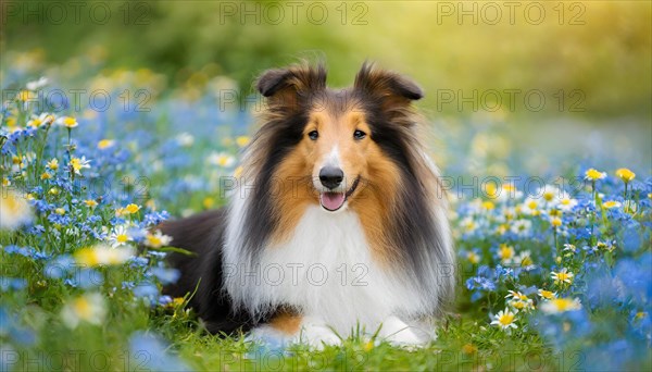 AI generated, A long-haired collie lies in a colourful meadow of flowers