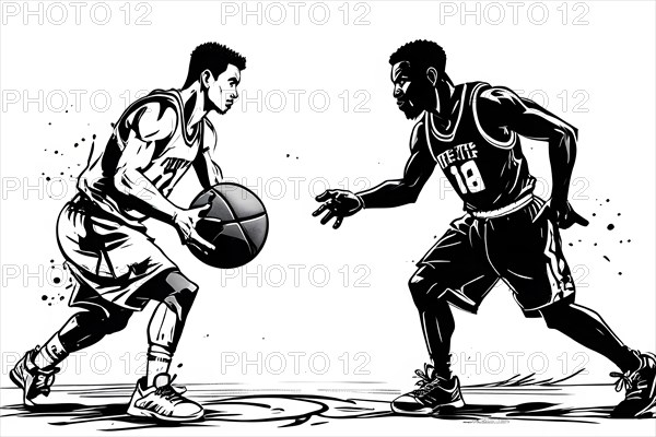 Athletes playing basketball, black and white illustration, AI generated