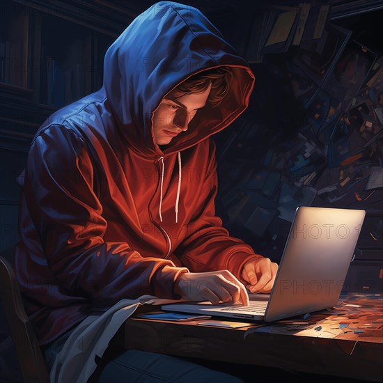 Illustration, teenager with hoodie in gloomy surroundings sitting at a laptop, symbolic image for cybercrime, juvenile delinquency, AI generated, AI generated, AI generated