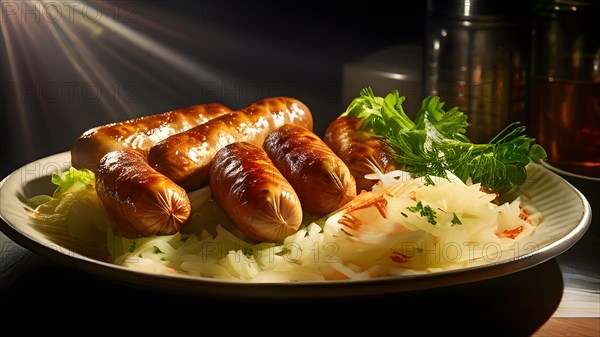 Sausages on a pile of sauerkraut on a ceramic plate, AI generated, AI generated