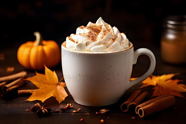 Seasonal mug cradles pumpkin spice latte capped with whipped cream cinnamon dusting grace the top, AI generated
