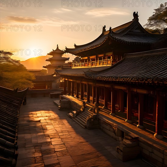 Shaolin temple at sunset, AI generated