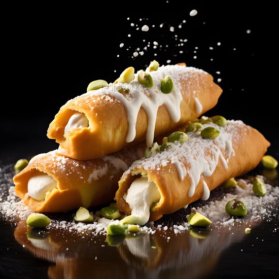 Cannoli stuffed with sweet ricotta cream, AI generated