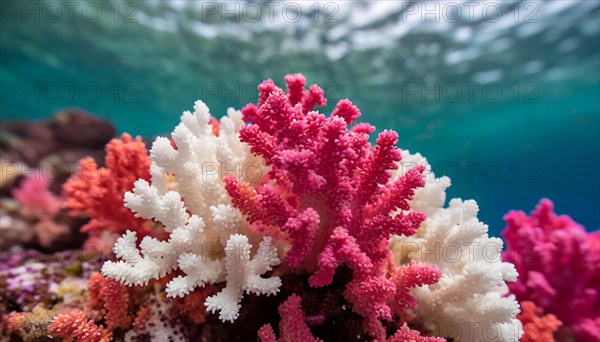 AI generated, red and white corals in the sea, polyps, small marine animals