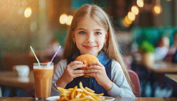 AI generated, A young girl, 10 years old, enjoys her burger, hamburger, fast food, restaurant