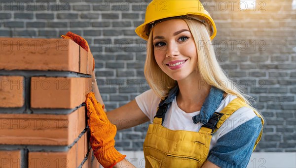 AI generated, A female bricklayer inspects a brick wall, 30, 35, years