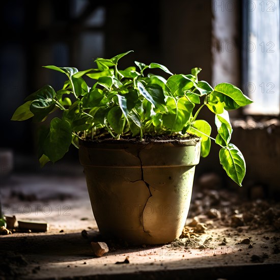 Flourishing green plant bursting with vitality from within a cracked clay pot emulating resilience, AI generated
